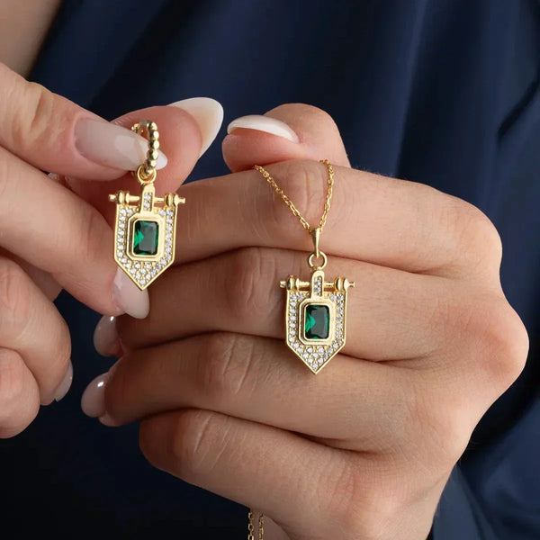 GRÜNER STEIN HALSKETTE OHRRING SET aus 925 Silber - Eleganter Ohrringe - AURIME