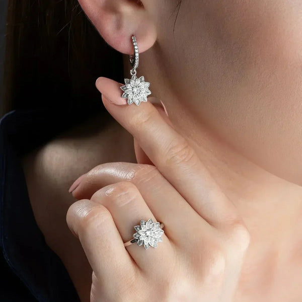 LOTUSBLUME RING OHRRING SET aus 925 Silber - Eleganter Ohrringe - AURIME