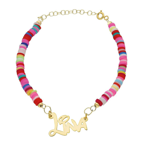 Bunte Kinderarmband mit Namen aus 925er Silber, von AURIME, zeigt farbenfrohe Armbänder für Kinder mit personalisiertem Schriftzug