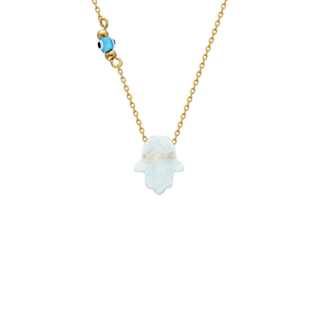 FATIMAS HAND OPAL KETTE MIT NAZAR WHITE aus 925 Silber - Eleganter Halskette - AURIME