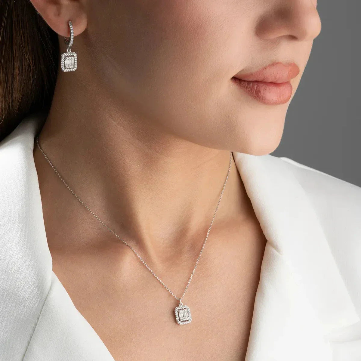 BAGUETTE HALSKETTE OHRRING SET | 925 SILBER