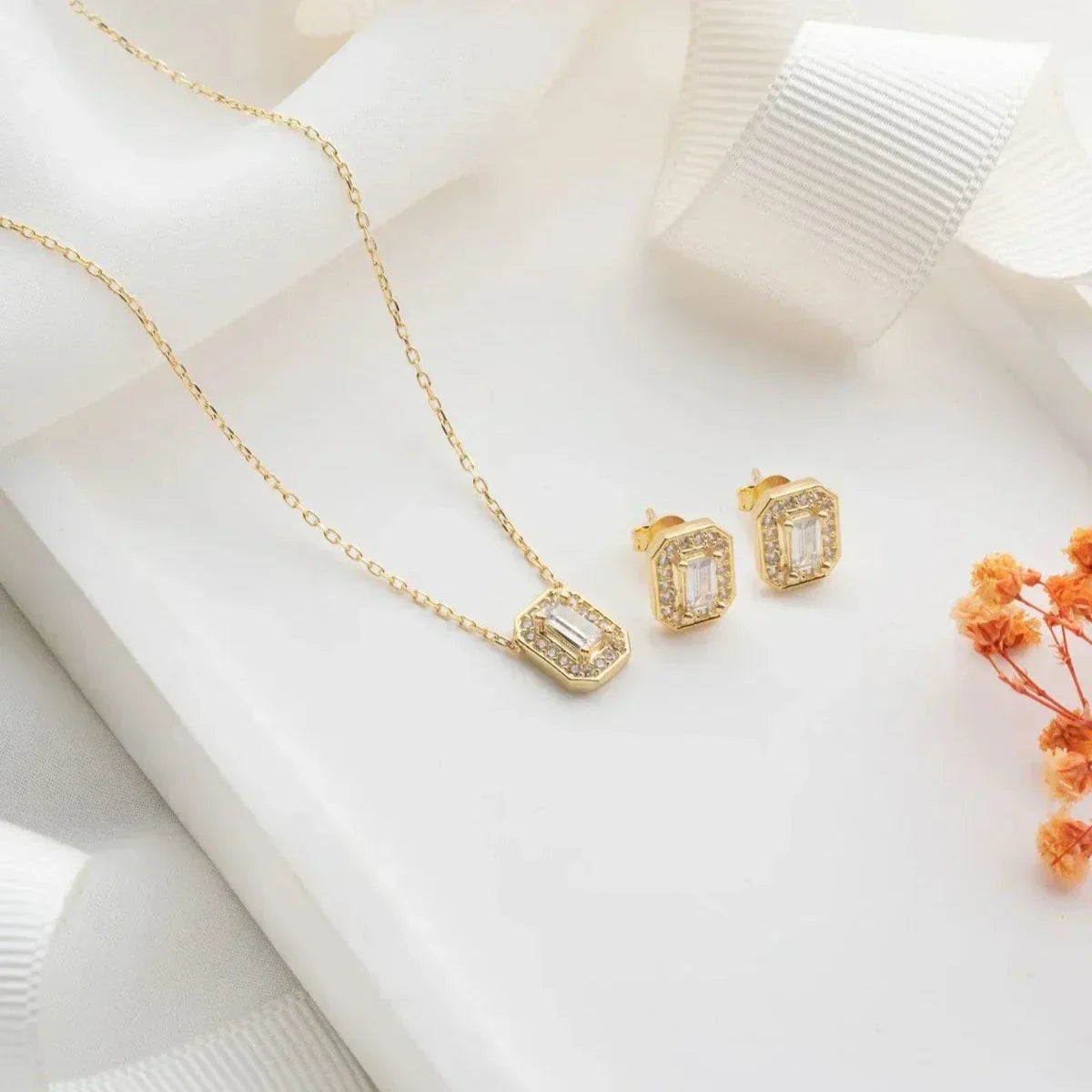 BAGUETTE ZIRKON STEIN HALSKETTE OHRRING SET aus 925 Silber - Eleganter Ohrringe - AURIME
