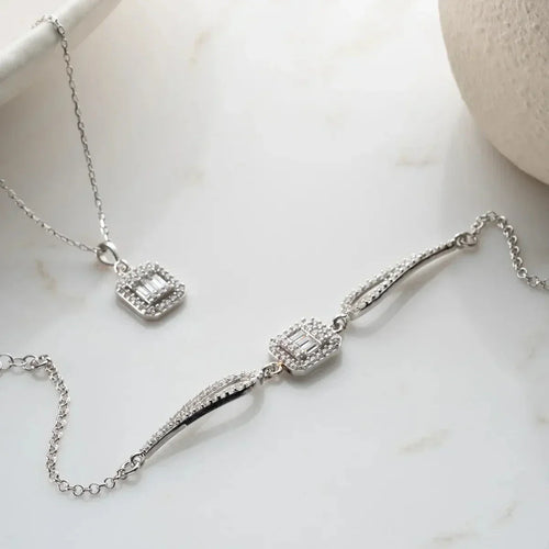 Baguette Stein Halskette und Armband Set aus 925 Silber von AURIME, detailreiche Schmuckstücke mit eleganter Verarbeitung