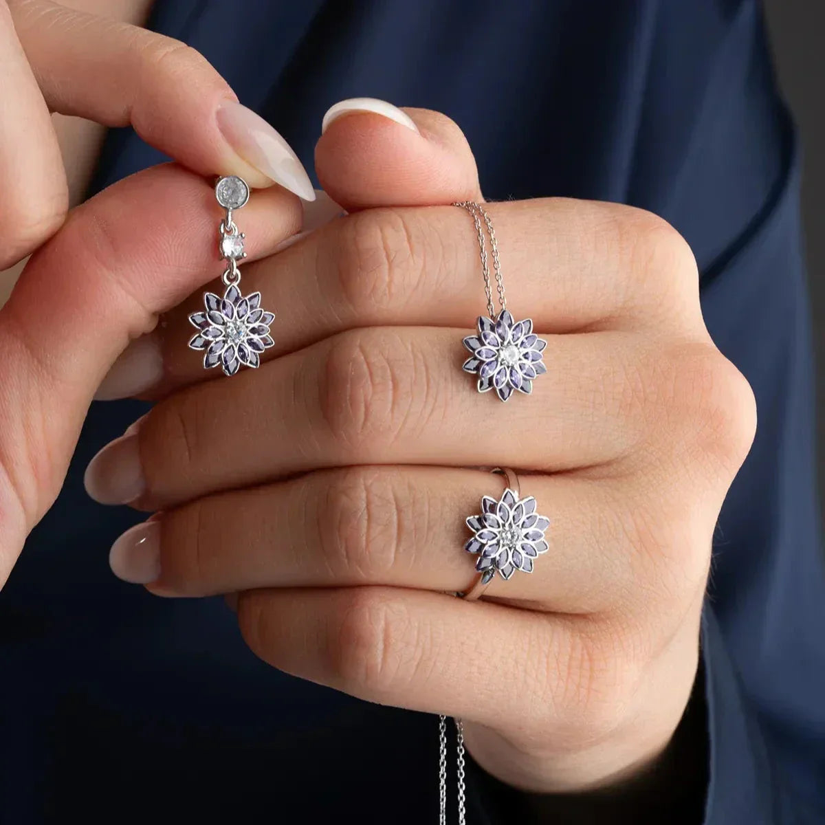 LILA EINZELSTEIN LOTUS HALSKETTE OHRRING RING SET | 925 SILBER