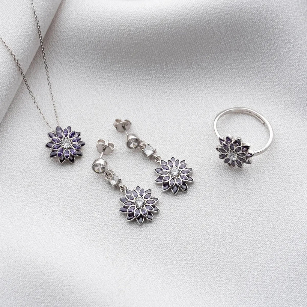 LILA EINZELSTEIN LOTUS HALSKETTE OHRRING RING SET | 925 SILBER