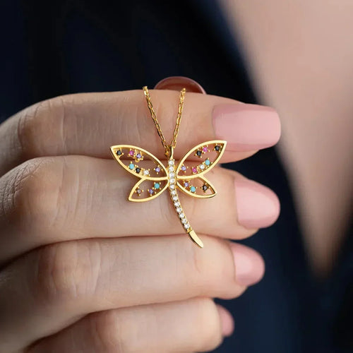 Bunte Libellen-Halskette aus 925 Silber von AURIME, filigranes Design mit bunten Libellenanhängern, elegante Damenkette