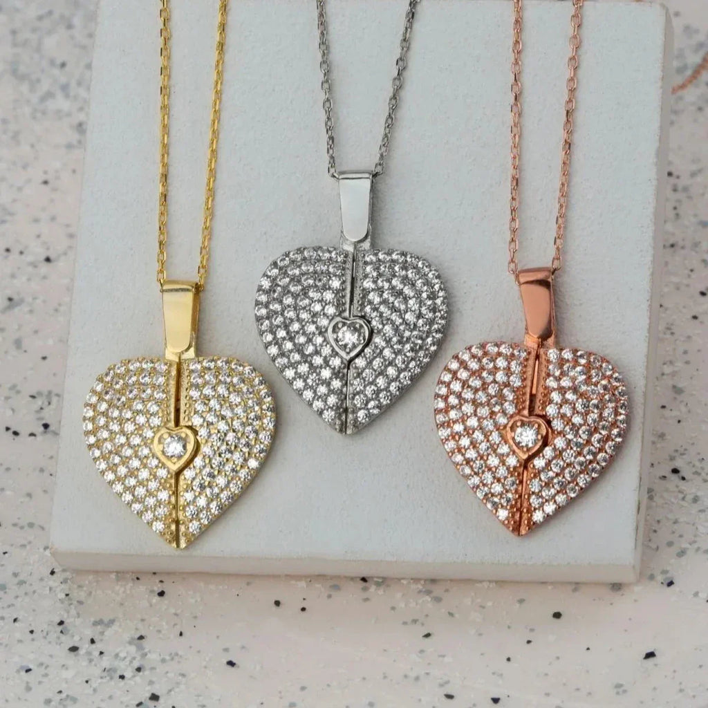 GRAVUR HERZ & ZIRKONIA HALSKETTE aus 925 Silber - Eleganter Halskette - AURIME