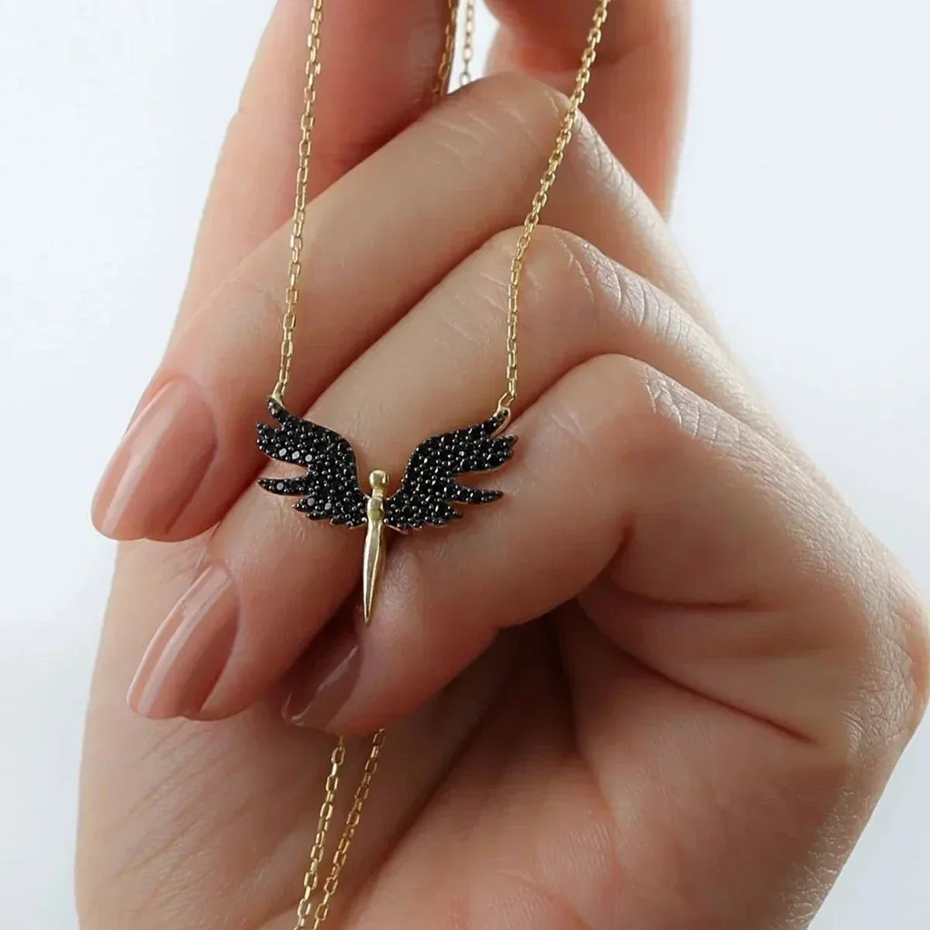 SCHUTZENGEL & SCHWARZE ZIRKONIA HALSKETTE aus 925 Silber - Eleganter Halskette - AURIME