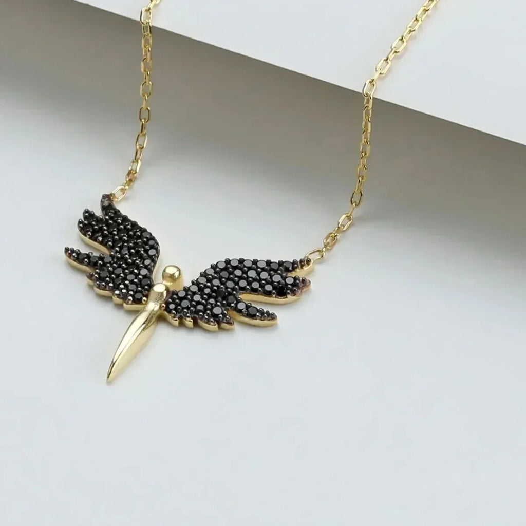 SCHUTZENGEL & SCHWARZE ZIRKONIA HALSKETTE aus 925 Silber - Eleganter Halskette - AURIME