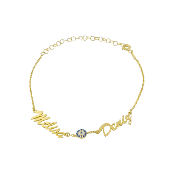 Zwei Namensarmbänder aus 925 Silber mit Nazar-Design, personalisierbar und handgefertigt, stilvoller Schmuck für Damen