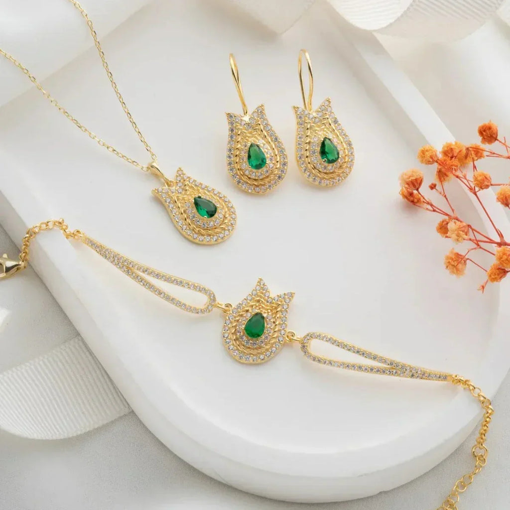 SMARAGDGRÜNES TULPEN-SCHMUCKSET aus 925 Silber - Eleganter Schmuckset - AURIME