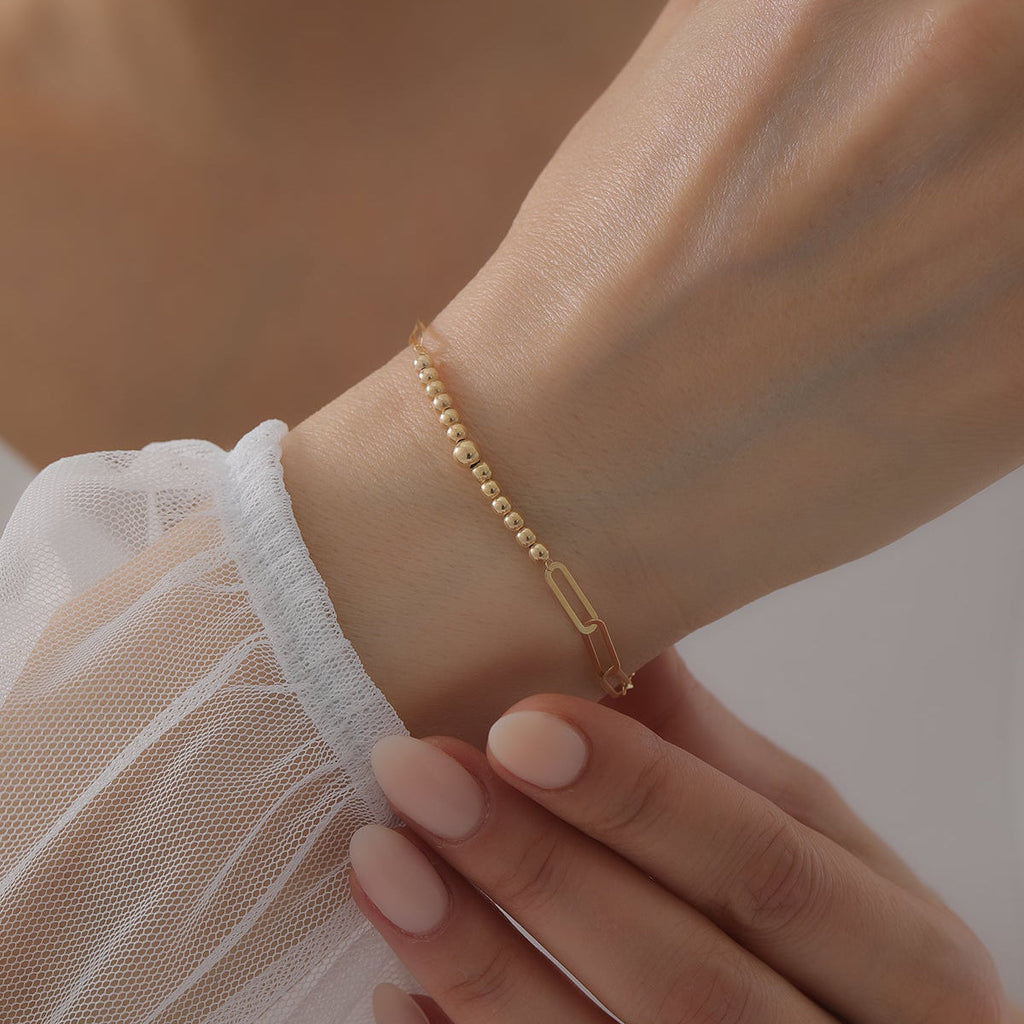 SPIEGELKETTEN-BÜROKLAMMERN UND GLÄNZENDE REIHENKUGELN ARMKETTE | 14K GOLD