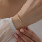 SPIEGELKETTEN-BÜROKLAMMERN UND GLÄNZENDE REIHENKUGELN ARMKETTE | 14K GOLD