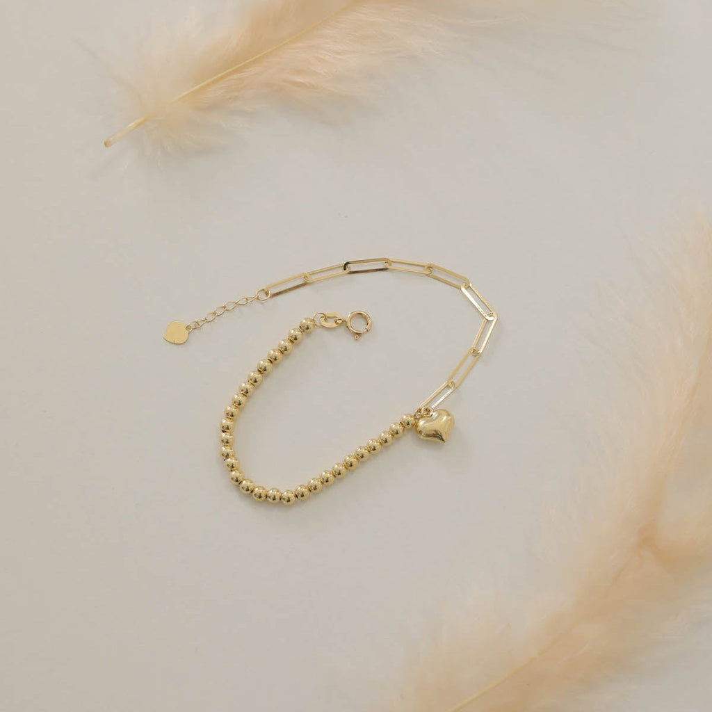 BÜROKLAMMER-, HERZ- UND GLÄNZENDES DORIKA-ARMBAND | 14K GOLD