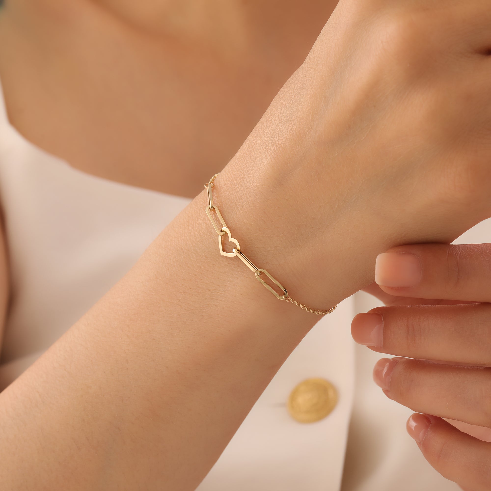 HOHLES HERZ-BÜROKLAMMER-ARMBAND ARMKETTE | 14K GOLD