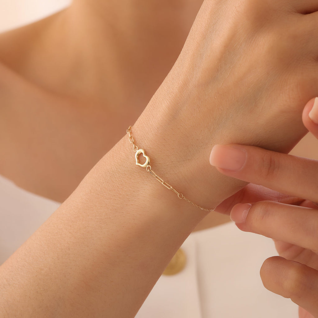 MINI BÜROKLAMMER-ARMBAND MIT HOHLEM HERZ ARMKETTE | 14K GOLD