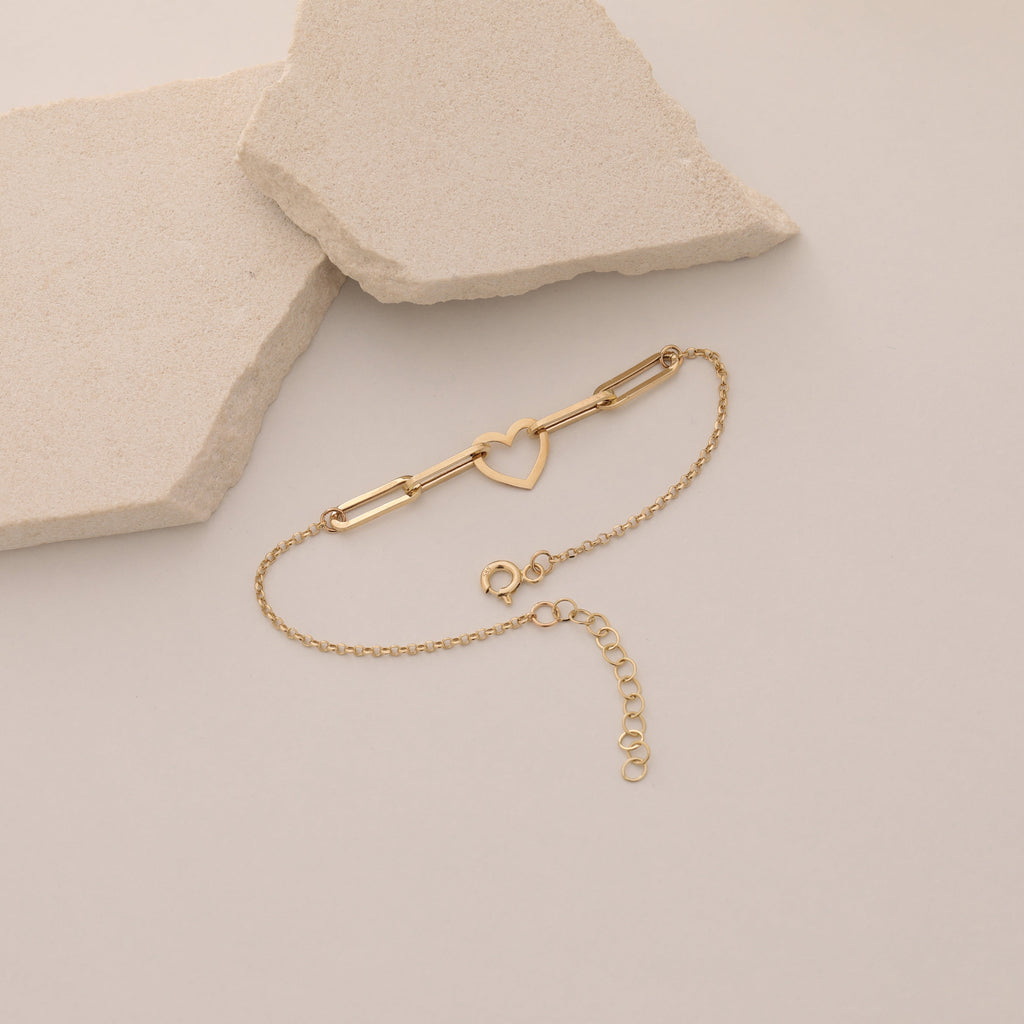 HOHLES HERZ-BÜROKLAMMER-ARMBAND ARMKETTE | 14K GOLD