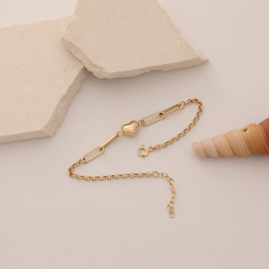 GEWÖLBTER HERZ-BÜROKLAMMER-ARMKETTE | 14K GOLD