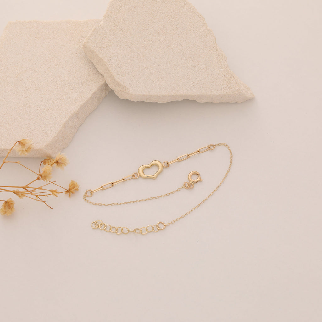 MINI BÜROKLAMMER-ARMBAND MIT HOHLEM HERZ ARMKETTE | 14K GOLD