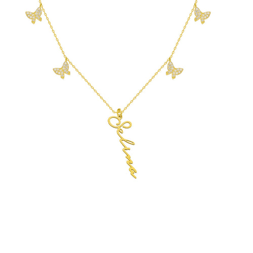 Sterngoldene Butterfly X Signatur Kette aus 925 Silber von AURIME, detailliertes Schmuckstück mit filigranem Design.