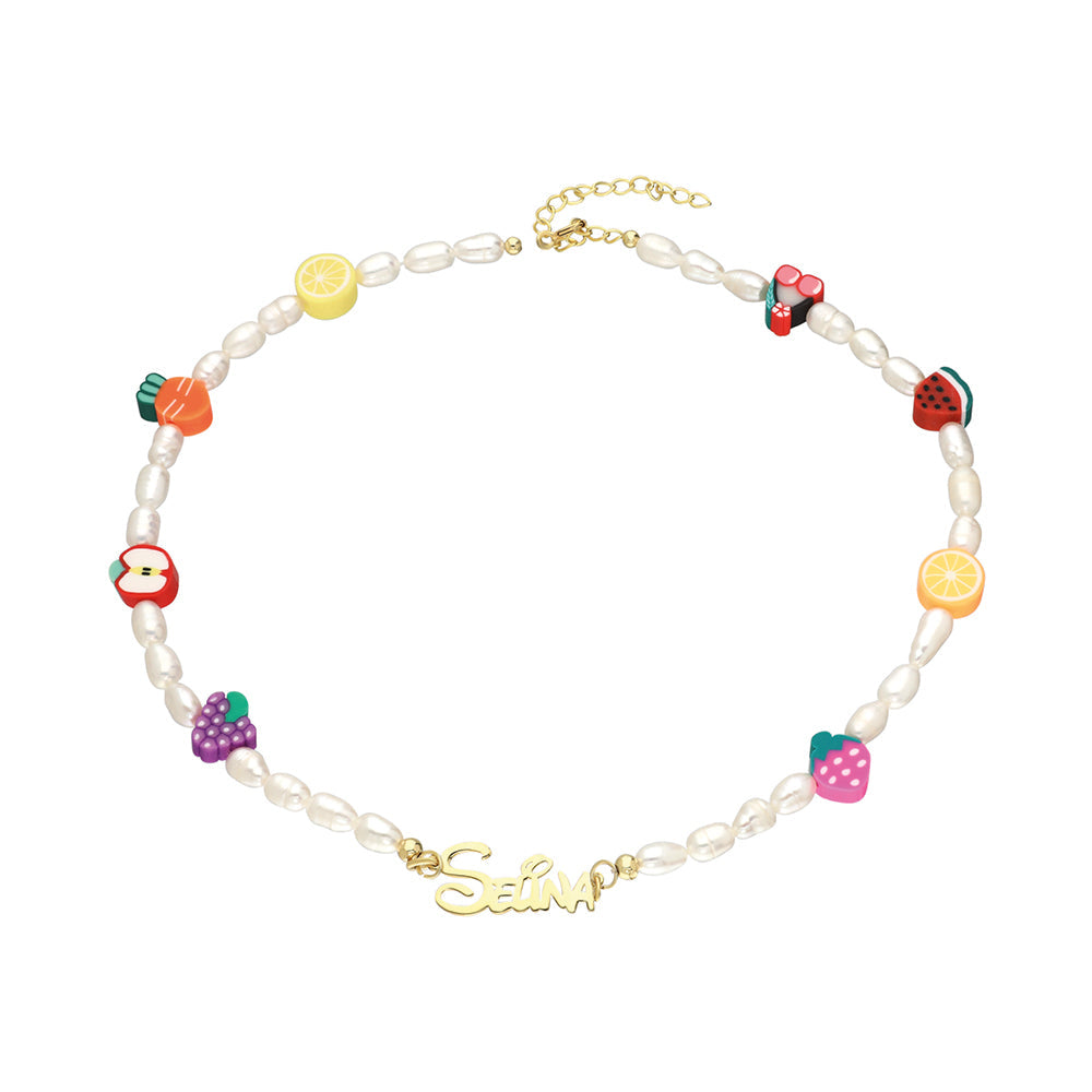 HALSKETTE PEARLS & FRUIT MIT NAMEN aus 925 Silber - Eleganter Halskette - AURIME