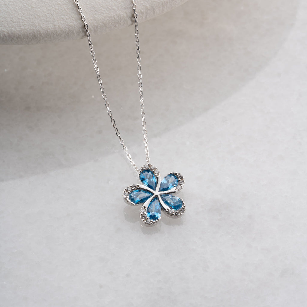 BLUME MIT BLAUEM STEIN HALSKETTE | 925 SILBER
