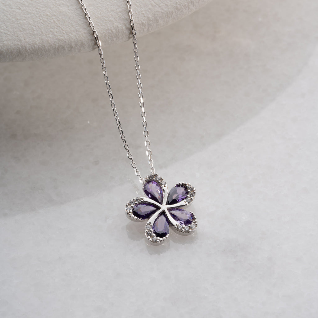 BLUME MIT LILA STEIN HALSKETTE | 925 SILBER