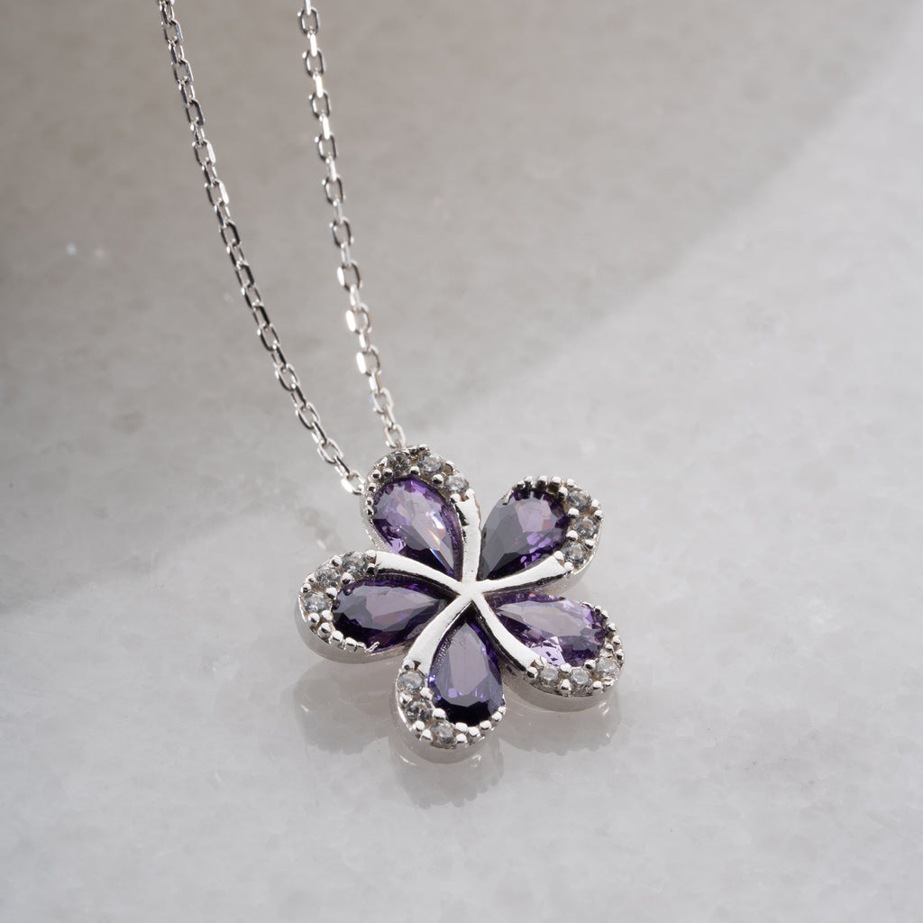 BLUME MIT LILA STEIN HALSKETTE | 925 SILBER