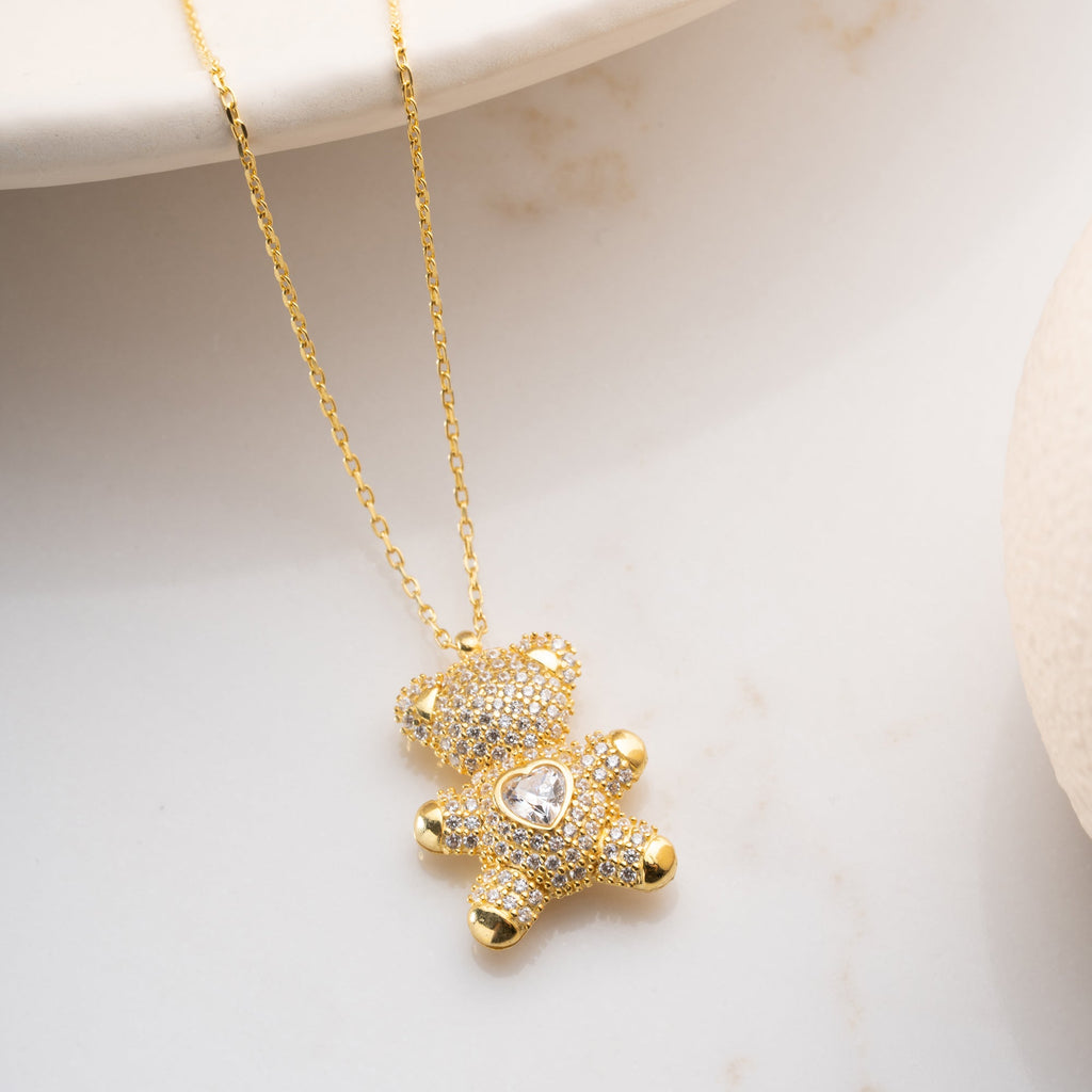 HEART STONE TEDDY BEAR KETTE aus 925 Silber - Eleganter Halskette - AURIME