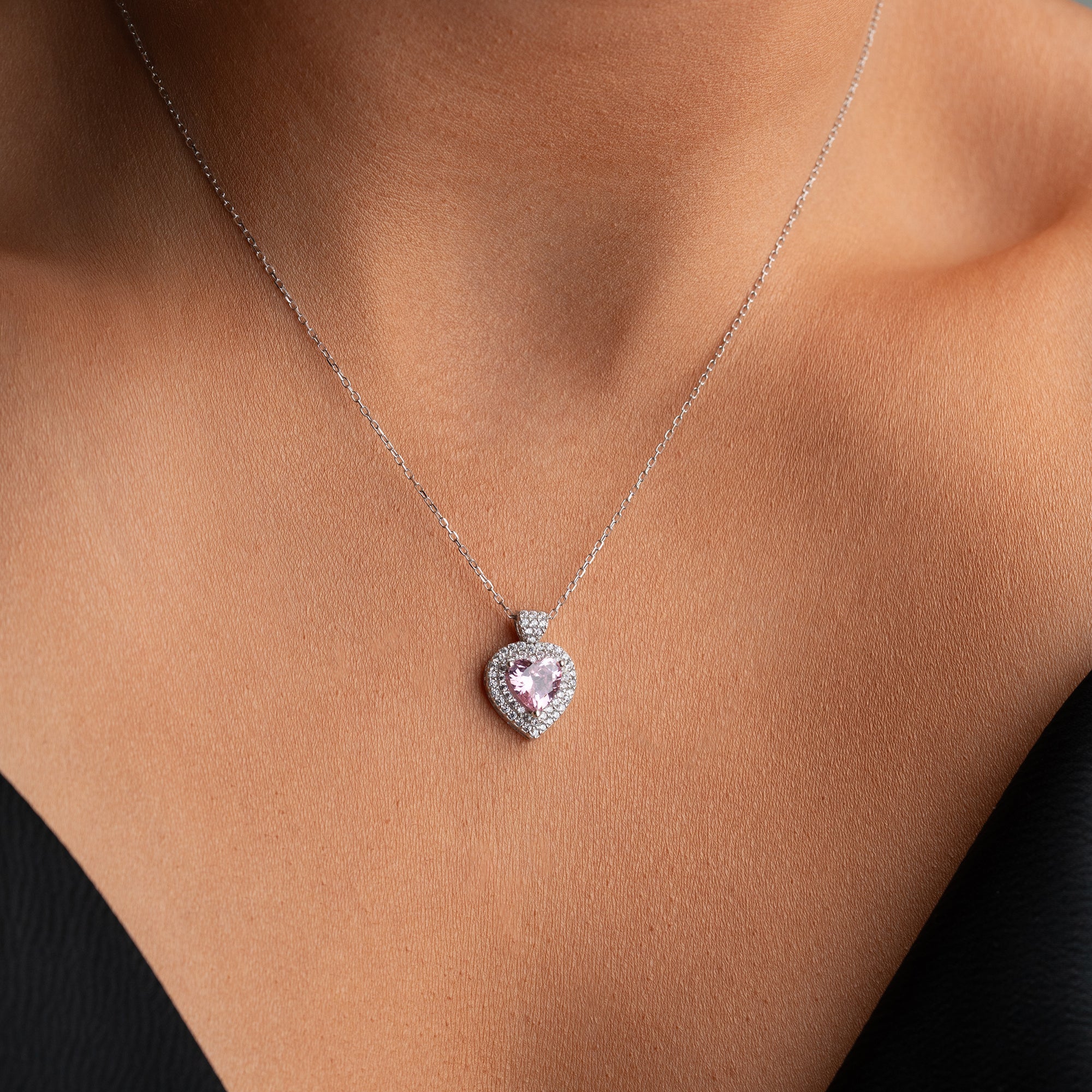 HERZ MIT ROSA KRISTALLSTEIN HALSKETTE | 925 SILBER
