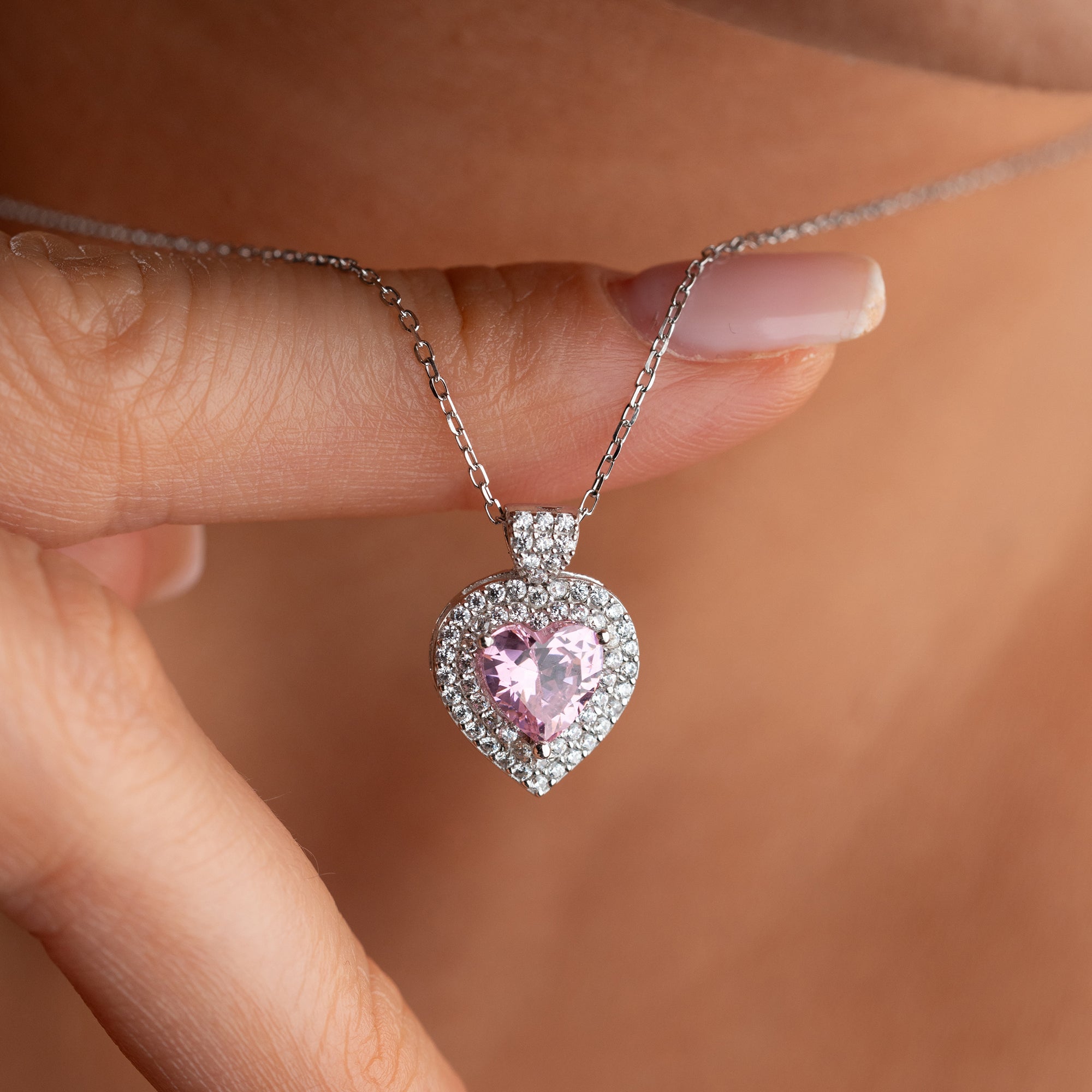HERZ MIT ROSA KRISTALLSTEIN HALSKETTE | 925 SILBER