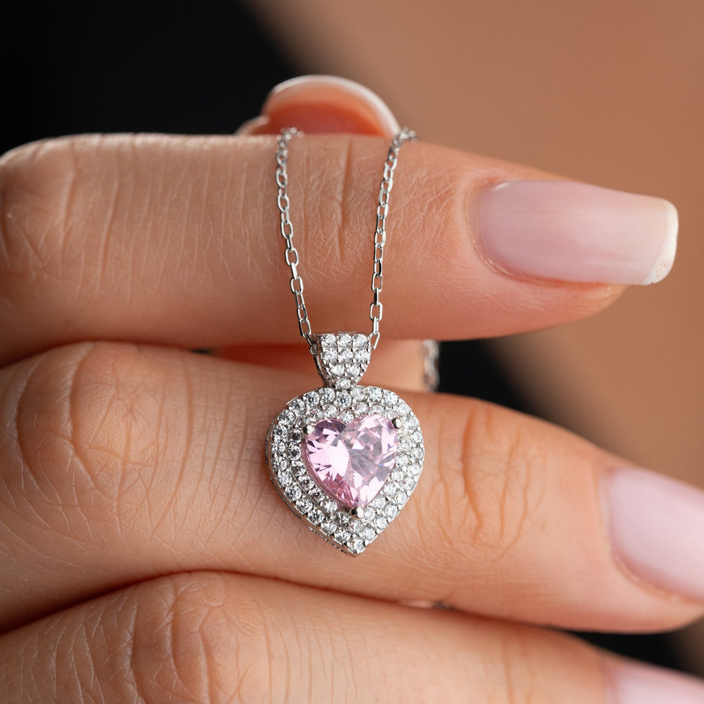 HERZ MIT ROSA KRISTALLSTEIN HALSKETTE | 925 SILBER