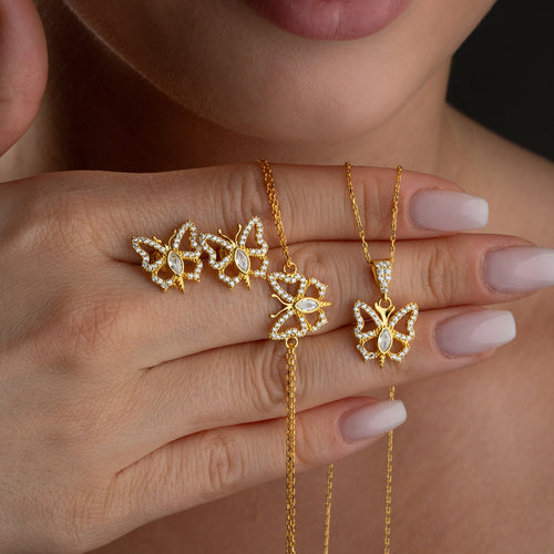 BUTTERFLY HALSKETTE | ARMBAND | OHRRING SET | 925 SILBER - Kardelen