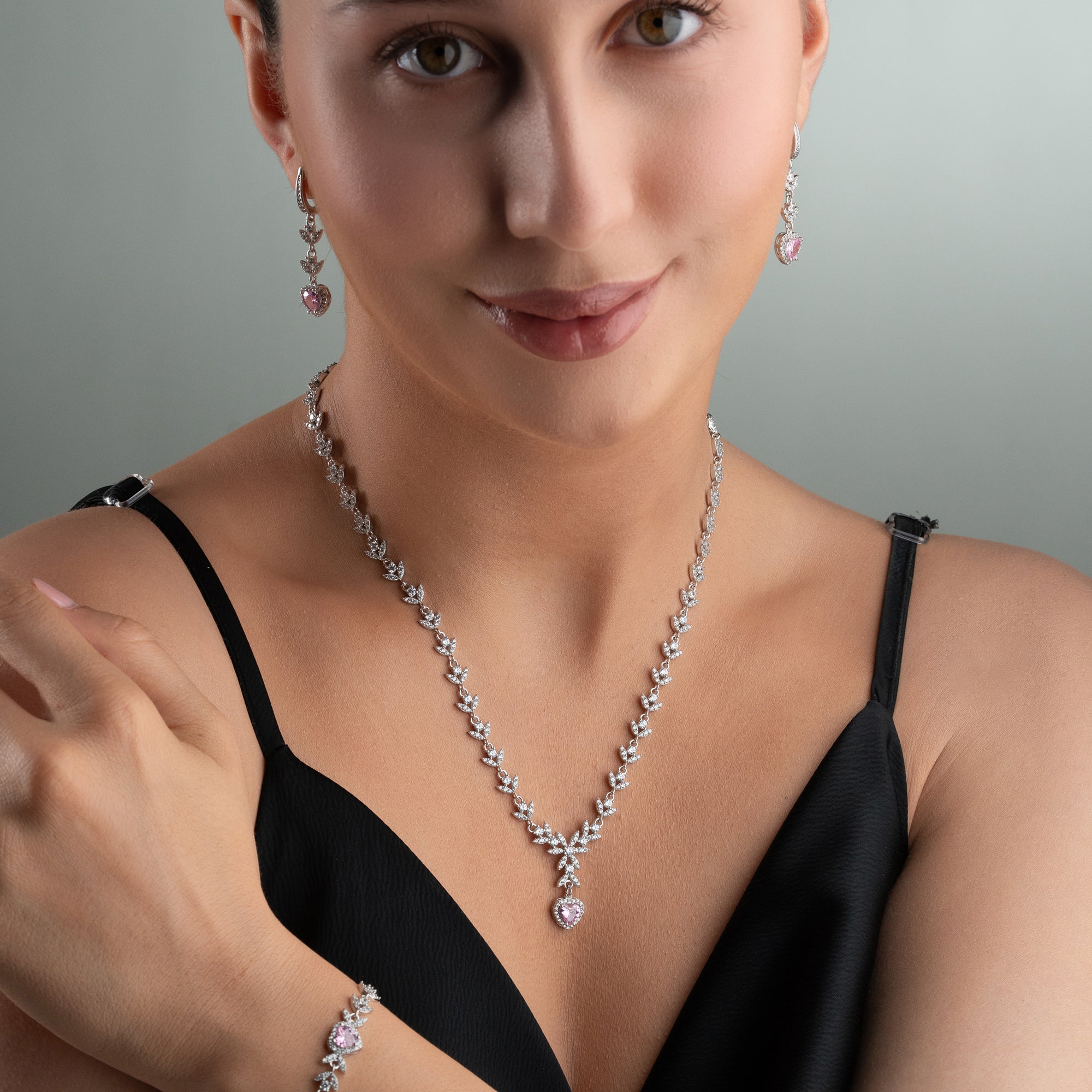 ROSA HERZ MIT STEIN SET | 925 SILBER