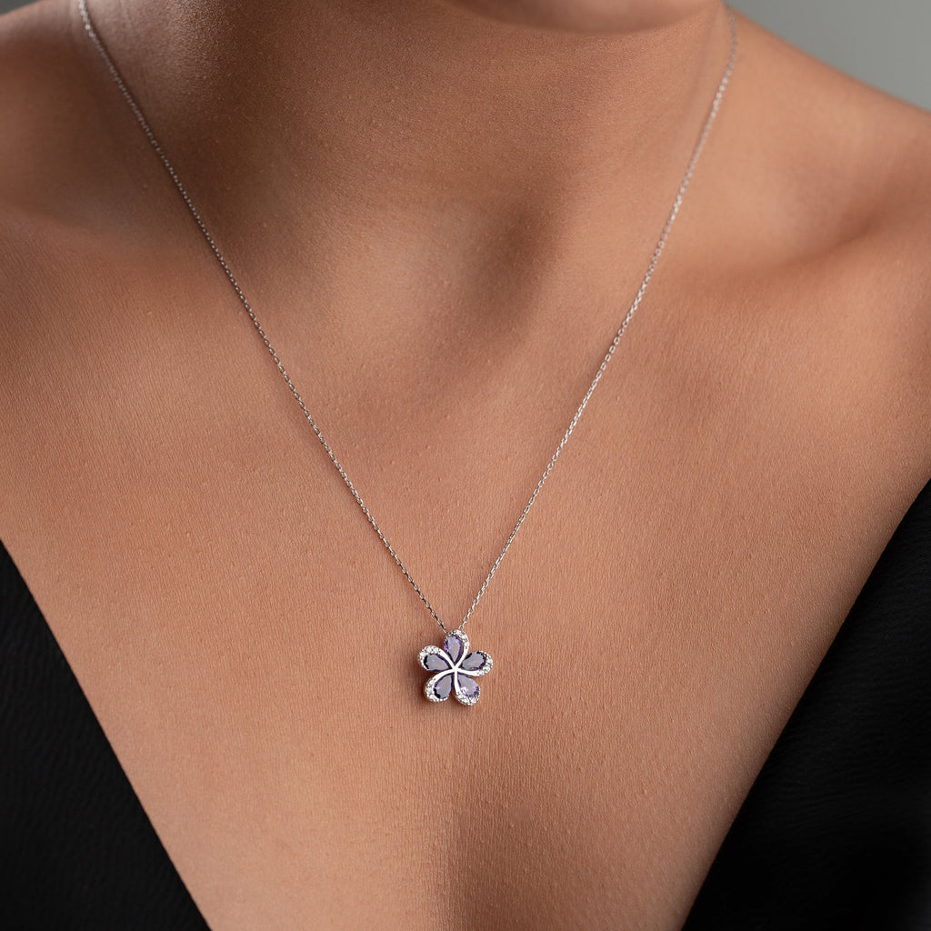 BLUME MIT LILA STEIN HALSKETTE | 925 SILBER