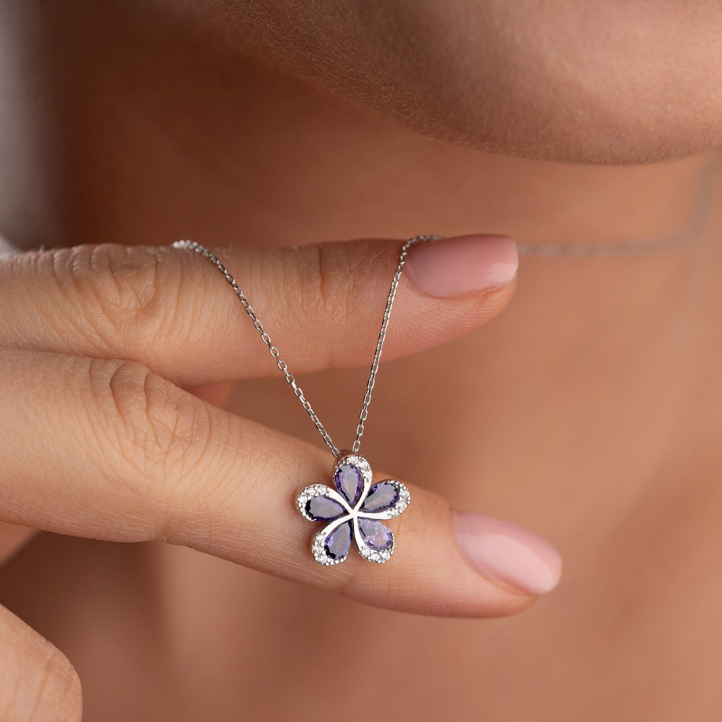 BLUME MIT LILA STEIN HALSKETTE | 925 SILBER