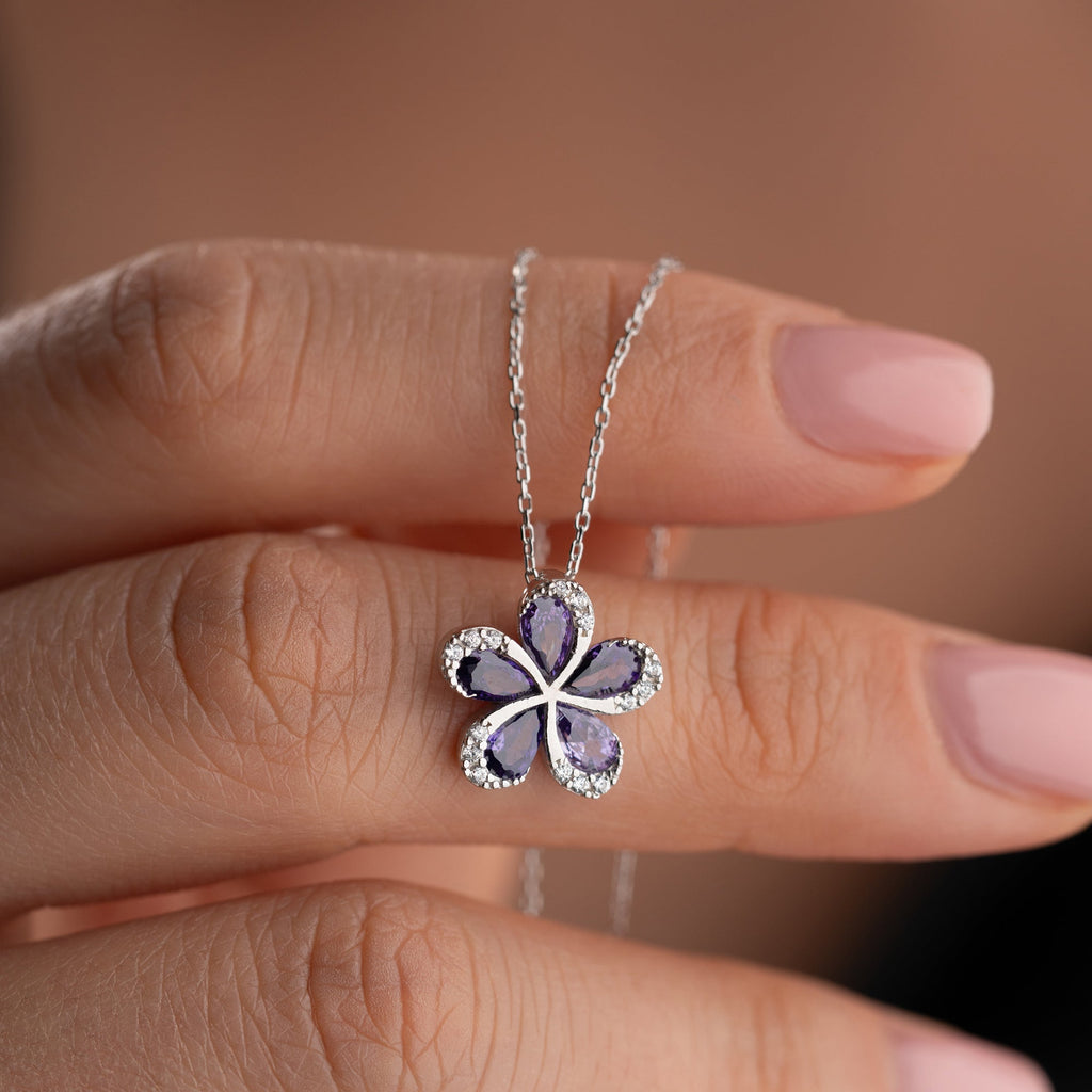 BLUME MIT LILA STEIN HALSKETTE | 925 SILBER