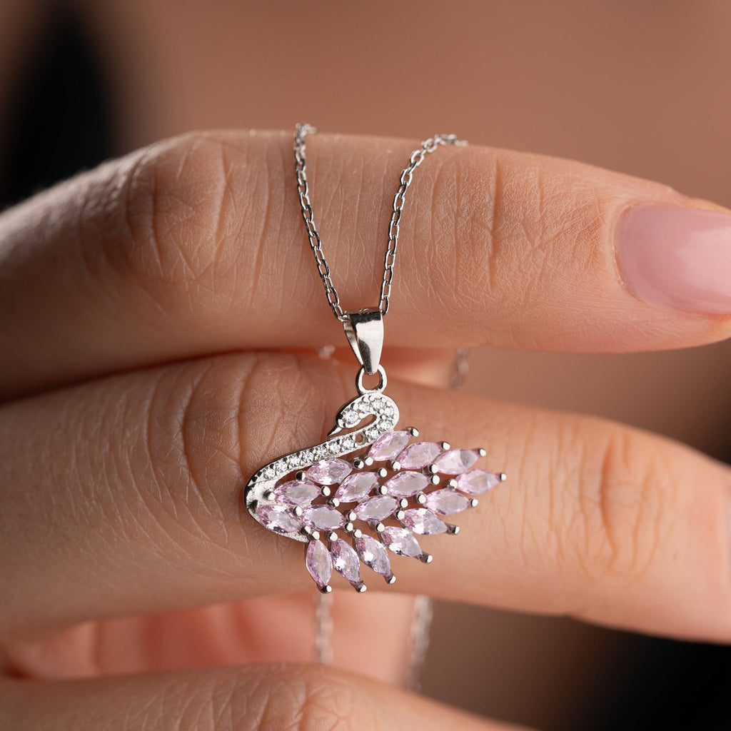 SCHWAN MIT ROSA STEIN HALSKETTE | 925 SILBER