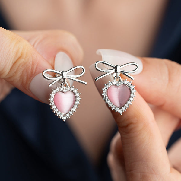Herzförmige Ohrringe aus 925 Silber, AURIME, mit Schleifen-Design, glänzende Oberfläche, elegante Damenohrschmuck