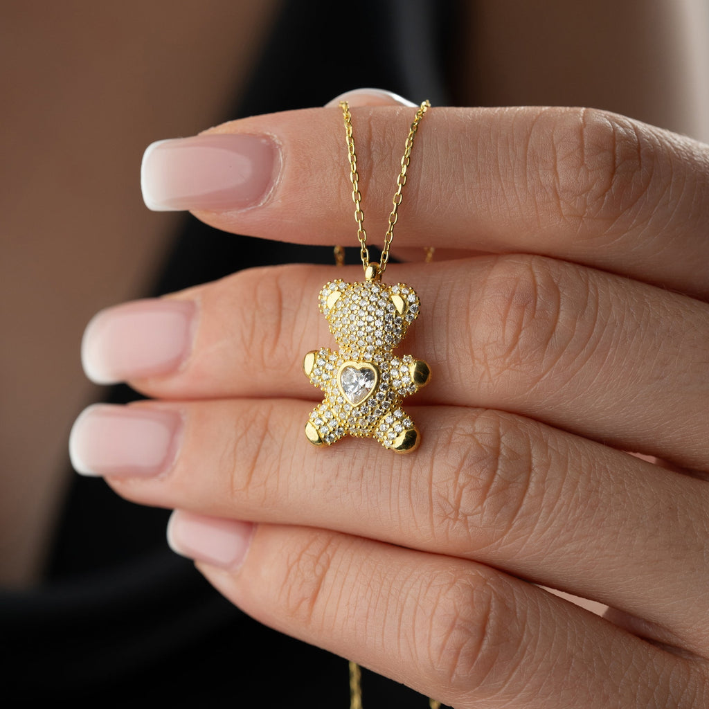 HEART STONE TEDDY BEAR KETTE aus 925 Silber - Eleganter Halskette - AURIME