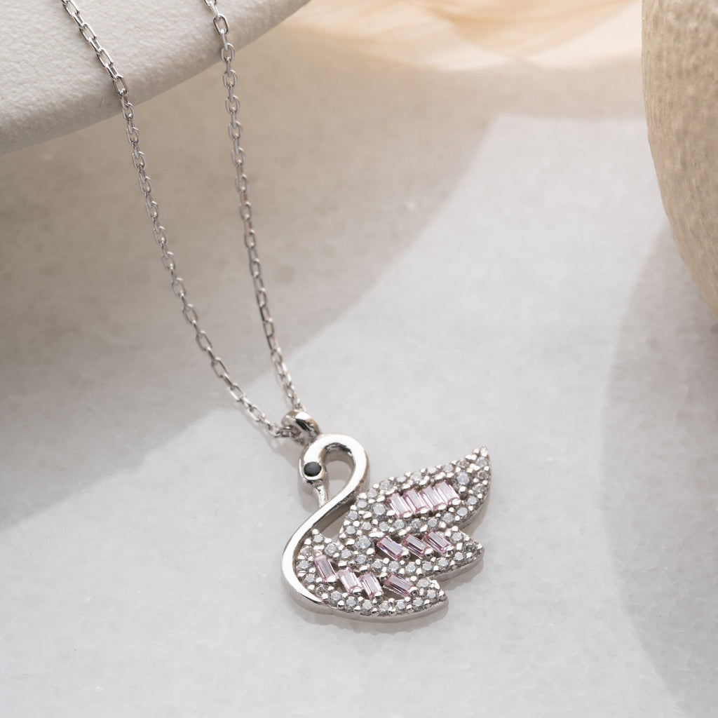 SILBERNER SCHWAN MIT ROSA STEINEN HALSKETTE | 925 SILBER