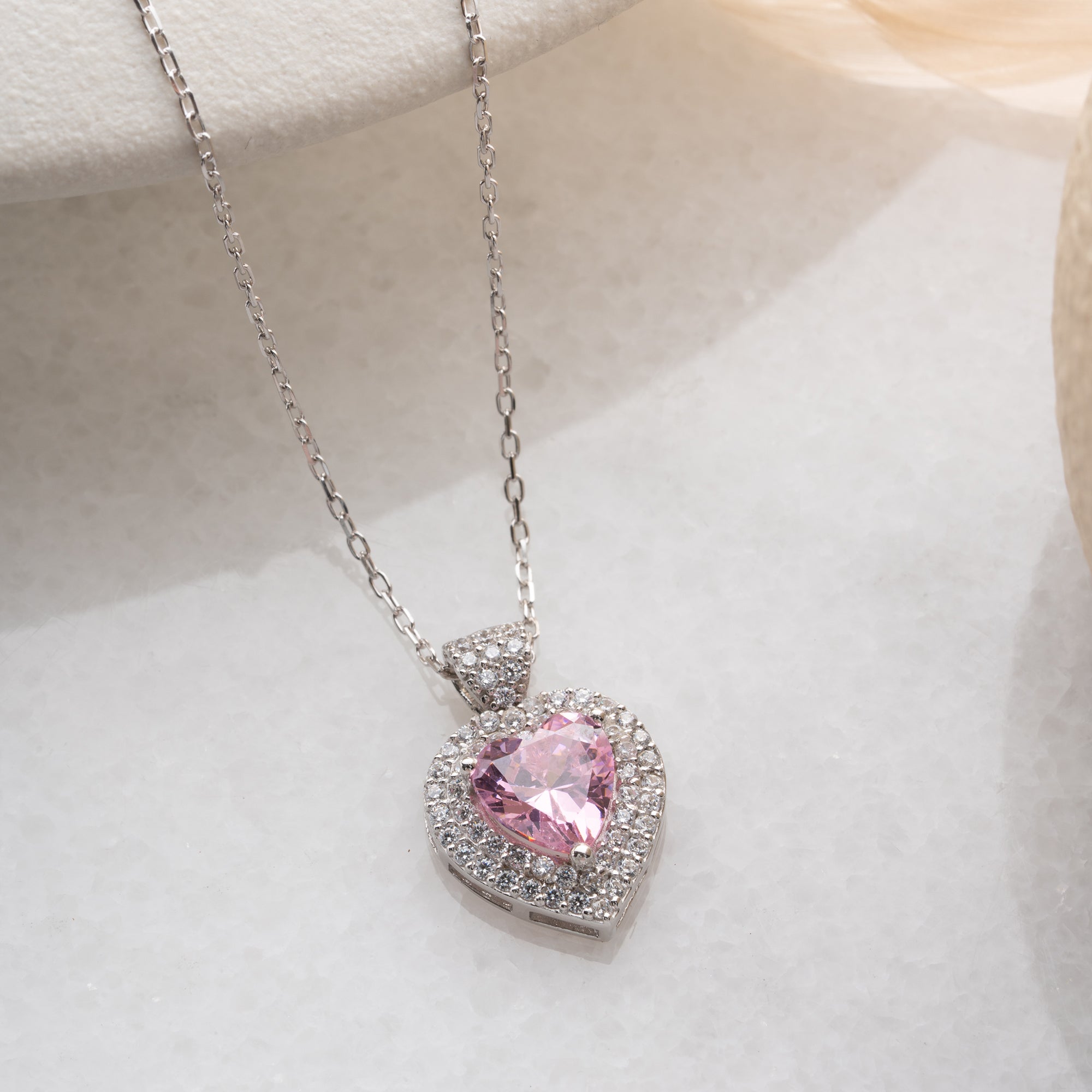 HERZ MIT ROSA KRISTALLSTEIN HALSKETTE | 925 SILBER
