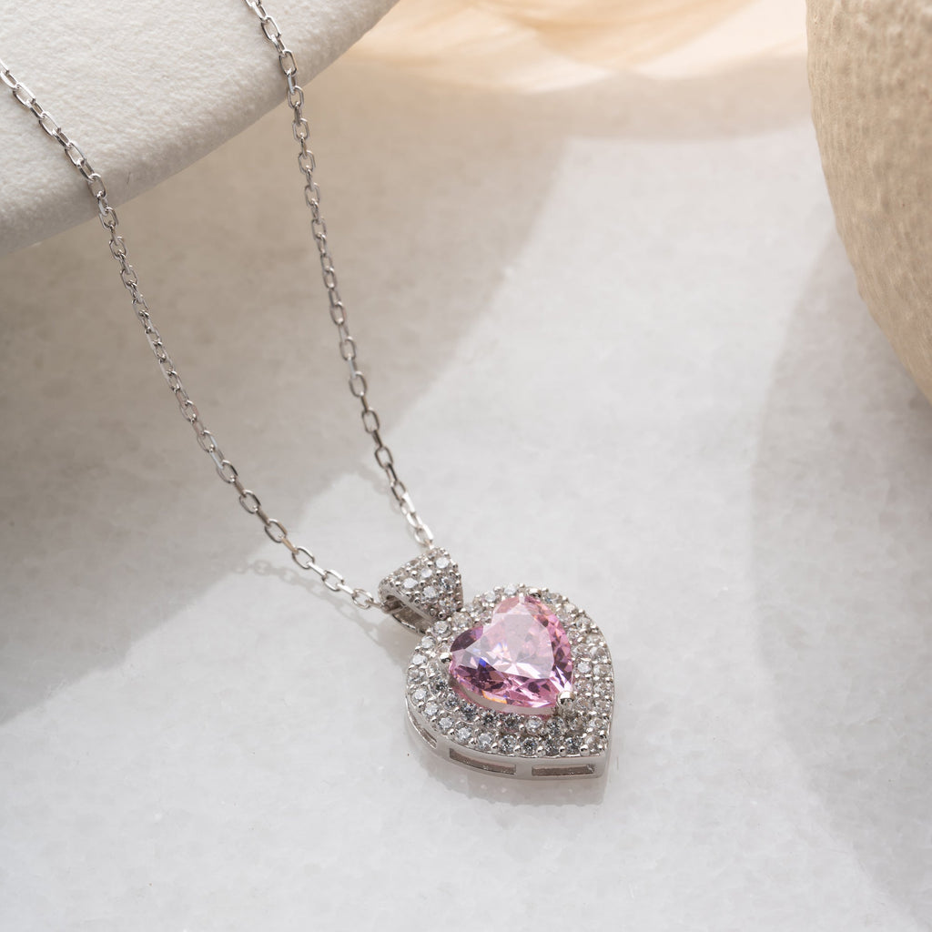 HERZ MIT ROSA KRISTALLSTEIN HALSKETTE | 925 SILBER