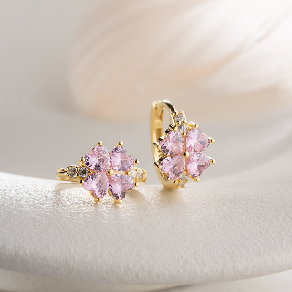 MINIMALISTISCHE BLUME MIT ROSA STEIN OHRRINGE | 925 SILBER