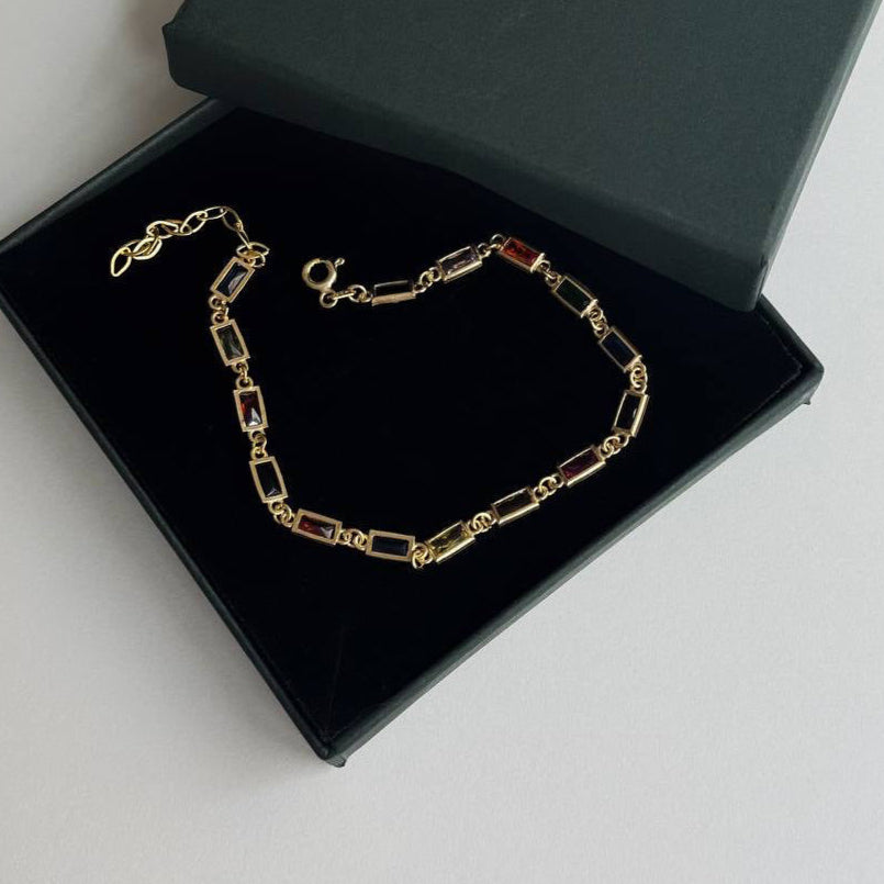 QUADRATISCHES BAGUETTE STEIN BUNTES ARMBAND | 925 SILBER