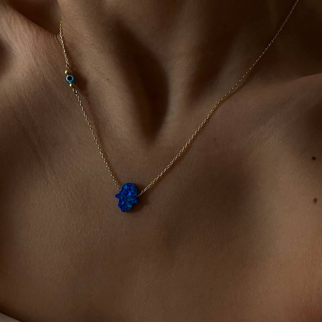 FATIMAS HAND OPAL KETTE MIT NAZAR AUGENKETTE DUNKELBLAU aus 925 Silber - Eleganter Halskette - AURIME