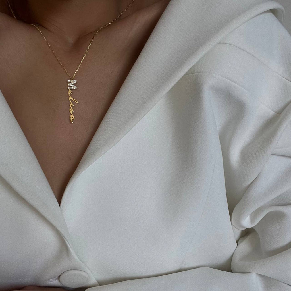 SENKRECHTE ZIRKONIA SIGNATUR NAMENSKETTE aus 925 Silber - Eleganter Halskette - AURIME