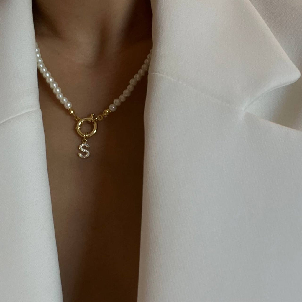 PEARL CHAIN ZIRKONIA BUCHSTABEN HALSKETTE aus 925 Silber - Eleganter Halskette - AURIME
